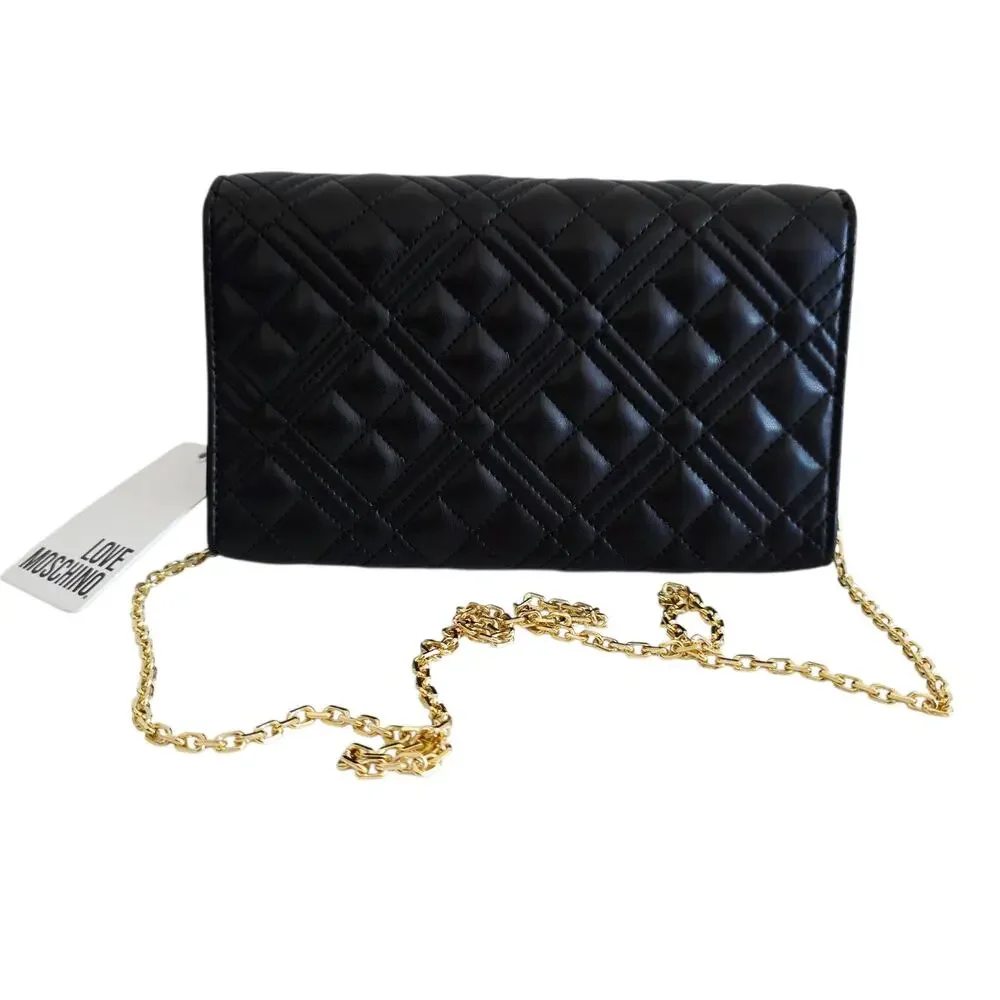 Love Moschino Black & Gold Quilted Faux Leather Clutch Crossbody Bag Chain Strap